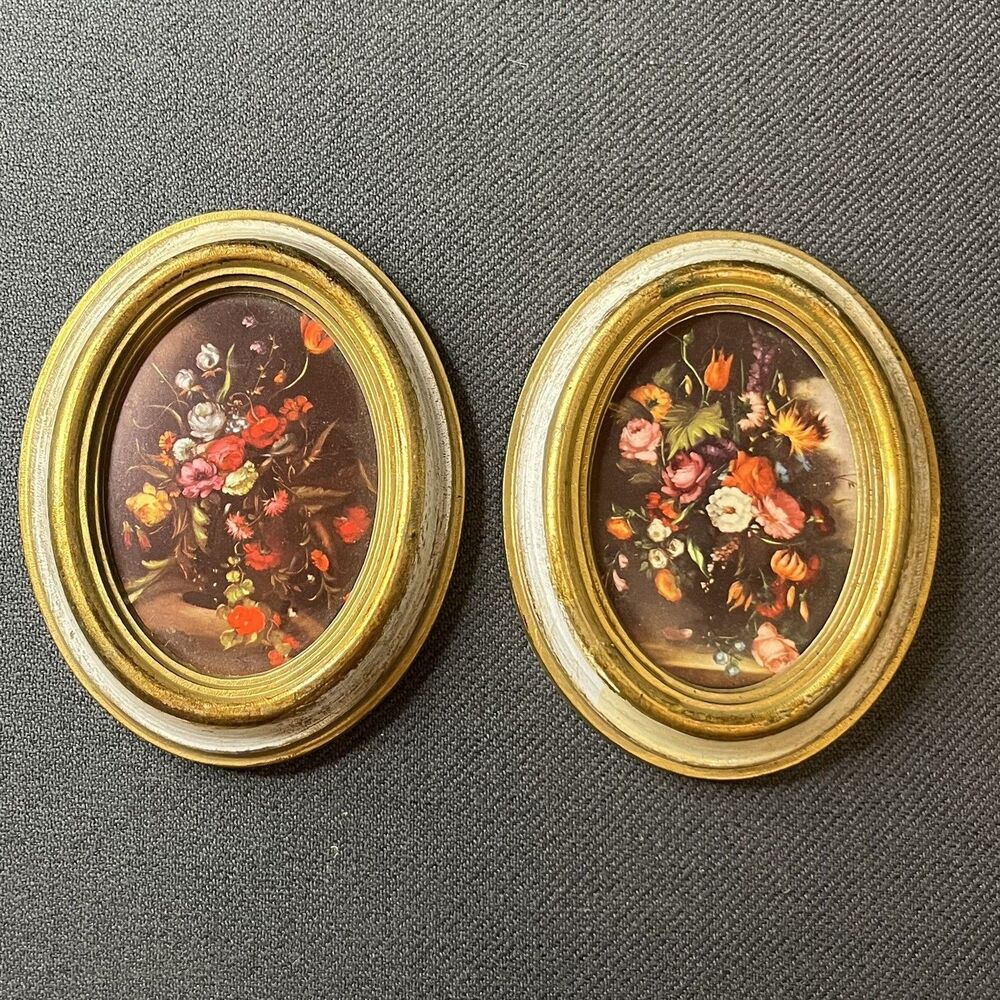 Vintage Mid Century Italian Miniature Oval Floral Framed Wall Art Plaques - Pair